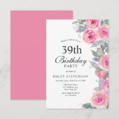 Invitation Aquarelle rose feminine Floral Chic 39e anniversai (Devant / Derrière)