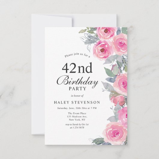 Invitation Aquarelle rose feminine Floral Chic 42e anniversai (Devant)