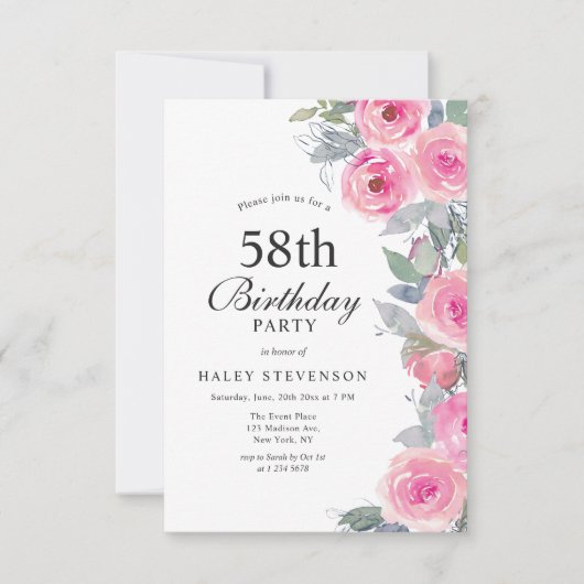 Invitation Aquarelle rose feminine Floral Chic 58e anniversai (Devant)