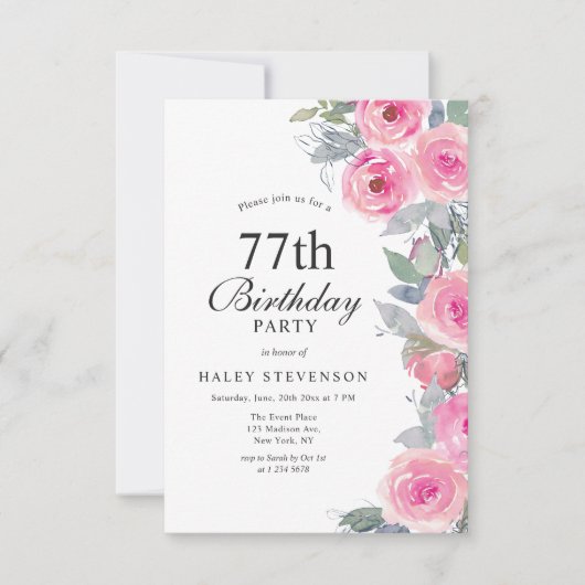 Invitation Aquarelle rose feminine Floral Chic 77e anniversai (Devant)