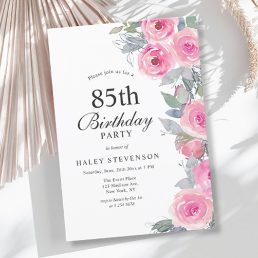 Invitation Aquarelle rose feminine Floral Chic 85e anniversai