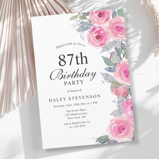 Invitation Aquarelle rose feminine Floral Chic 87e anniversai