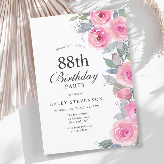 Invitation Aquarelle rose feminine Floral Chic 88e anniversai