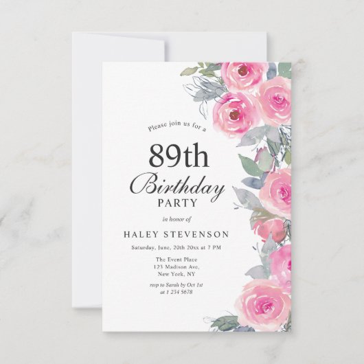 Invitation Aquarelle rose feminine Floral Chic 89e anniversai (Devant)