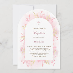 Invitation aquarelle rose feuillage Baptême