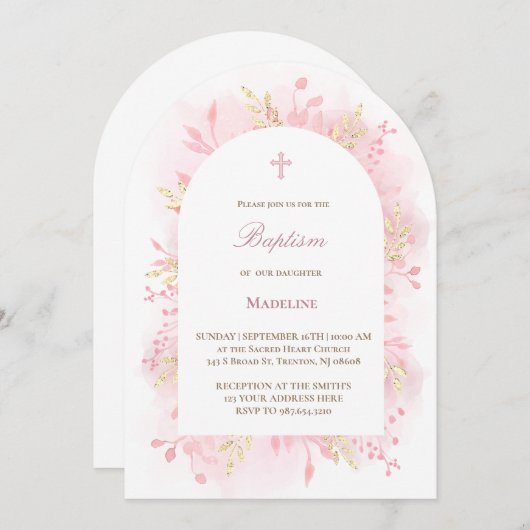Invitation aquarelle rose feuillage Baptême (Devant / Derrière)