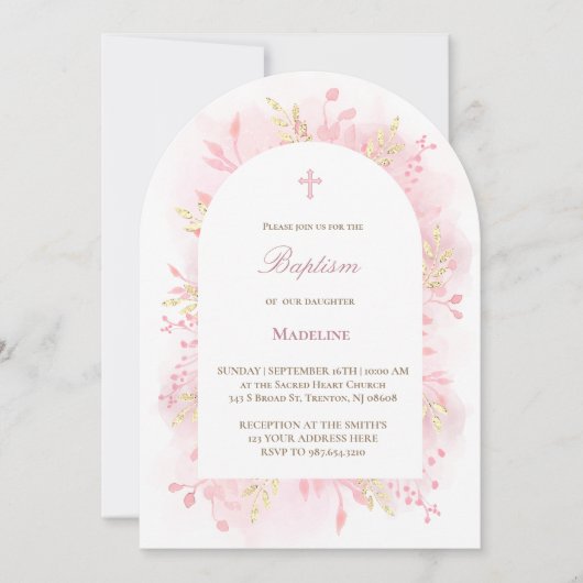 Invitation aquarelle rose feuillage Baptême (Devant)