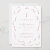 Invitation Aquarelle rose Feuille Frame Cross Girl Baptême (Devant)