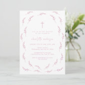 Invitation Aquarelle rose Feuille Frame Cross Girl Baptême (Debout devant)