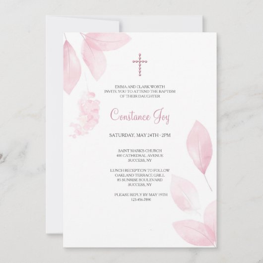 Invitation Aquarelle rose Feuilles religieux (Devant)