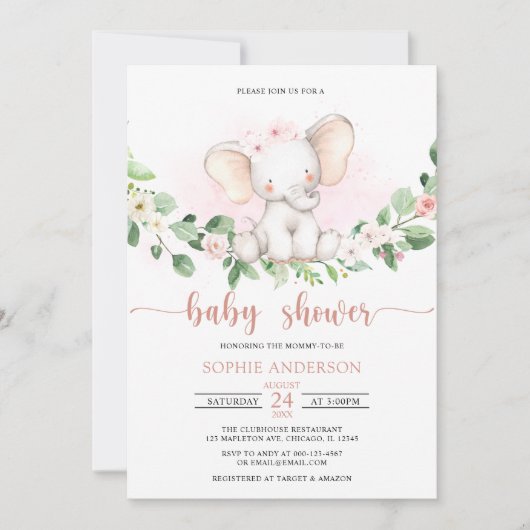 Invitation Aquarelle rose fille bébé Baby shower éléphant (Devant)