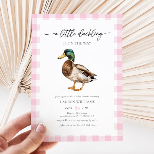 Invitation Aquarelle rose fille Mallard Baby shower canard