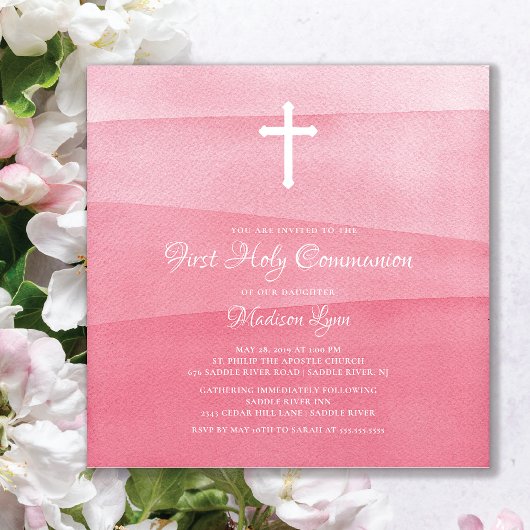 Invitation Aquarelle rose Filles première sainte communion