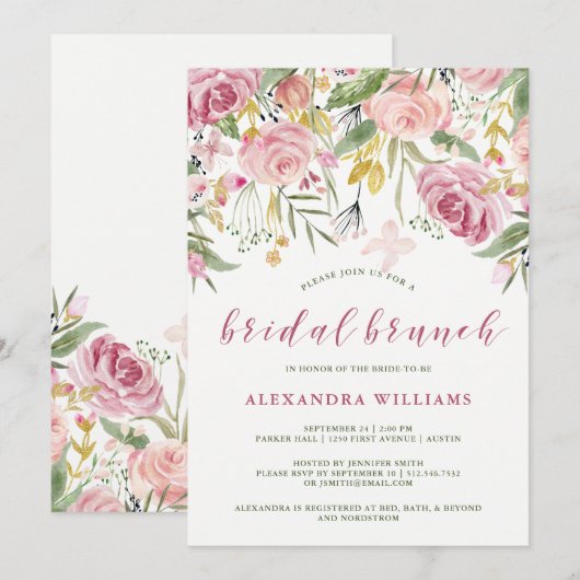 Invitation Aquarelle rose fleur | Brunch nuptial Gold Floral (Devant / Derrière)