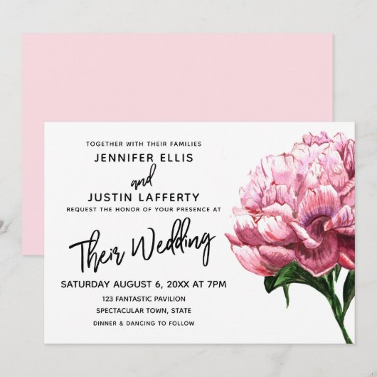 Invitation Aquarelle rose Fleur de pivoine, Mariage moderne (Devant / Derrière)