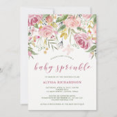 Invitation Aquarelle rose fleur | Doré Floral Bébé saupoudré (Devant)