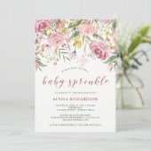 Invitation Aquarelle rose fleur | Doré Floral Bébé saupoudré (Debout devant)