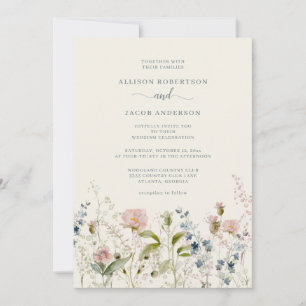 Invitation Aquarelle rose Fleur sauvage Floral bleu Mariage