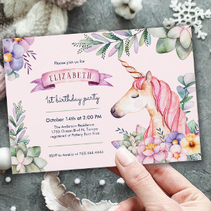 Invitation Aquarelle rose Fleur Unicorn Fille Anniversaire