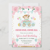 Invitation Aquarelle rose Fleurs Anniversaire de enfant singe (Devant)