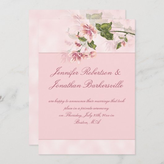 Invitation Aquarelle rose Fleurs après mariage Réception (Devant / Derrière)