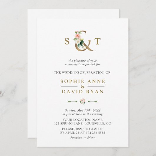 Invitation Aquarelle rose Fleurs blanches Ampersand Mariage (Devant / Derrière)