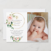Invitation Aquarelle rose Fleurs blanches Fille Photo Baptême (Devant)