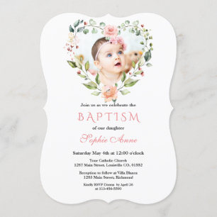 Invitation Aquarelle rose Fleurs blanches Florales Photo Bapt