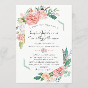 Invitation Aquarelle rose Fleurs blanches Mariage cadre vert