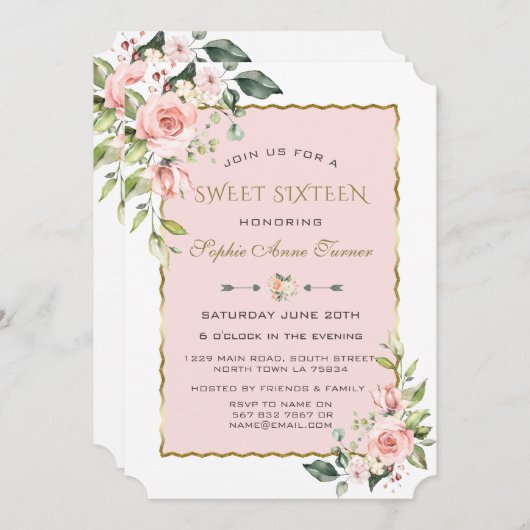 Invitation Aquarelle rose Fleurs blanches or doux 16 (Devant / Derrière)