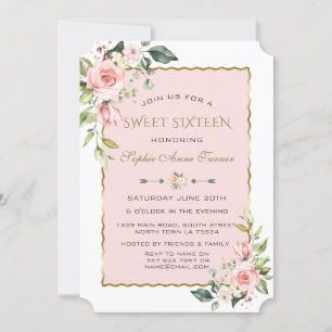 Invitation Aquarelle rose Fleurs blanches or doux 16