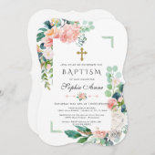 Invitation Aquarelle rose Fleurs blanches Vert Cadre Baptême (Devant / Derrière)