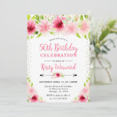 Invitation Aquarelle rose Fleurs d'été 50e anniversaire (Debout devant)