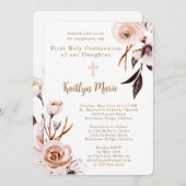 Invitation Aquarelle rose Fleurs Fille Première communion (Devant / Derrière)