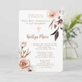 Invitation Aquarelle rose Fleurs Fille Première communion (Debout devant)