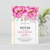 Invitation Aquarelle rose fleurs florales fille Baptême (Debout devant)