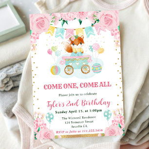 Invitation Aquarelle rose Fleurs Fox Anniversaire de enfant