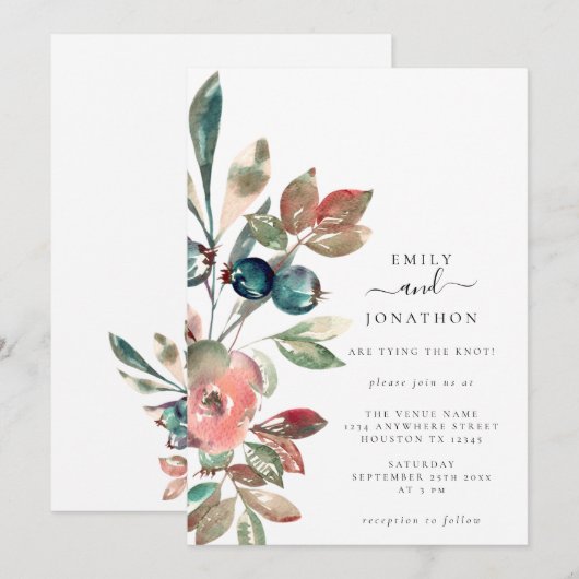 Invitation Aquarelle rose fleurs Mariage botanique Turquoise (Devant / Derrière)