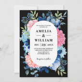 Invitation Aquarelle rose fleurs noir et blanc Mariage (Devant)