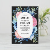 Invitation Aquarelle rose fleurs noir et blanc Mariage (Debout devant)