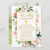 Invitation Aquarelle Rose Fleurs Première Communion Photo (Devant / Derrière)