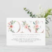 Invitation Aquarelle rose Fleurs Rose Or premier anniversaire (Debout devant)