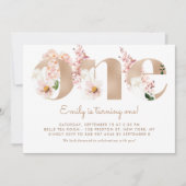 Invitation Aquarelle rose Fleurs Rose Or premier anniversaire (Devant)