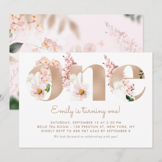 Invitation Aquarelle rose Fleurs Rose Or premier anniversaire (Devant / Derrière)