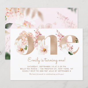 Invitation Aquarelle rose Fleurs Rose Or premier anniversaire