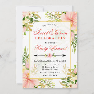 Invitation Aquarelle rose Fleurs tropicales Sweet sixteen