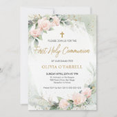 Invitation Aquarelle rose Fleurs verdure Première communion (Devant)