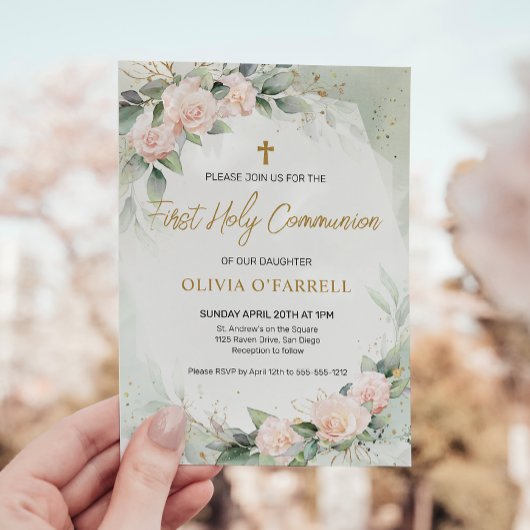 Invitation Aquarelle rose Fleurs verdure Première communion