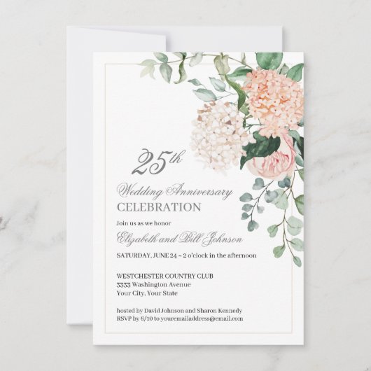 Invitation Aquarelle rose Floral 25e anniversaire Mariage (Devant)