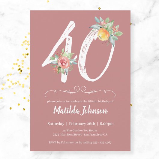 Invitation Aquarelle rose Floral 40e anniversaire fête